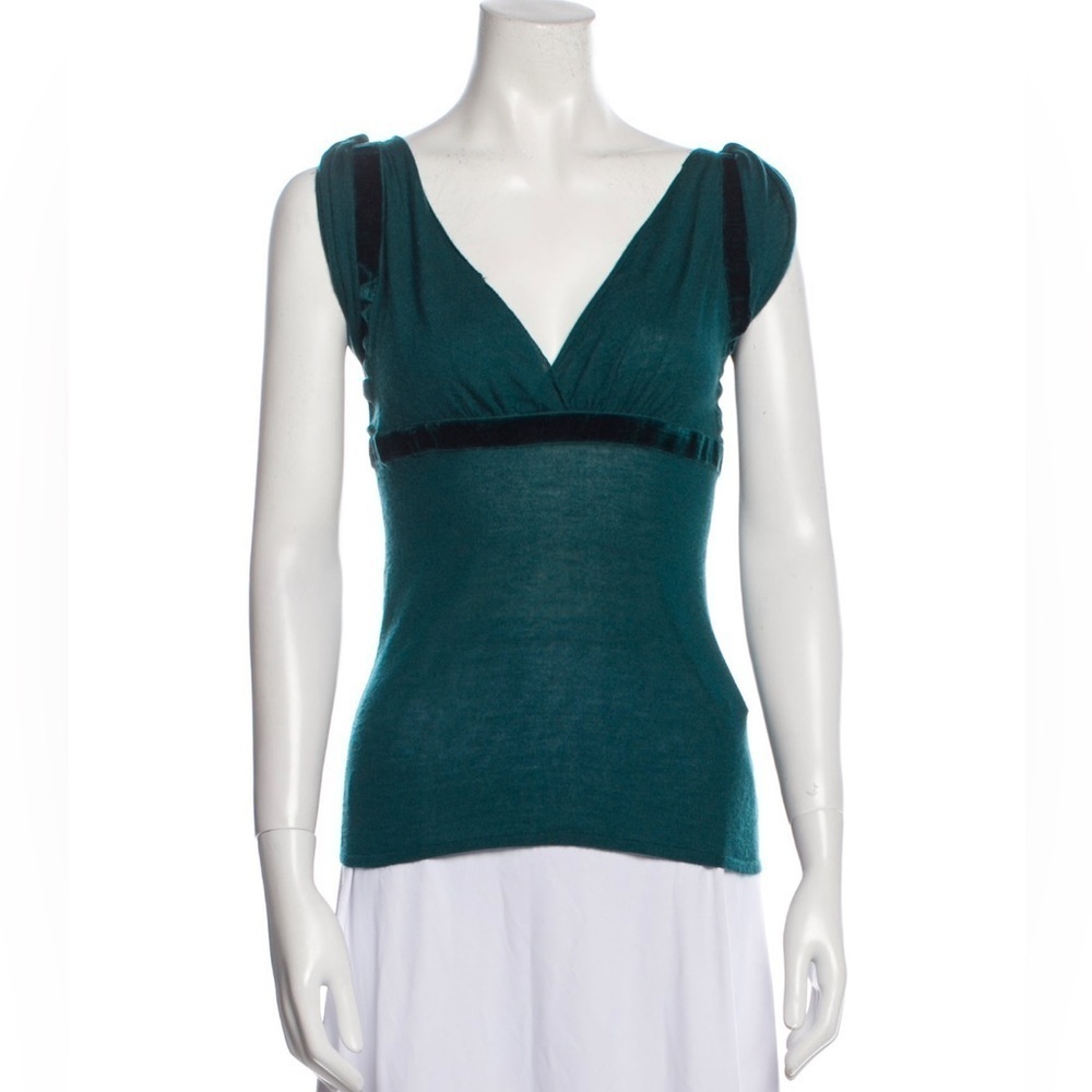 Gucci Vintage Y2K 2000's Green 100% Cashmere V-Neck Velvet Trim Top EUC Size XS